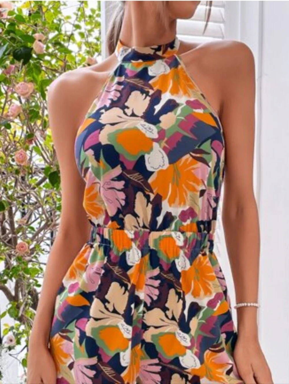 Floral Adjustable Halter Set With Wide Leg Pants  in Multicolor Floral Garden